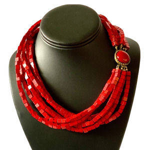 Vintage Red 6 Strand Wood Bead Necklace Beautiful Clasp 20"